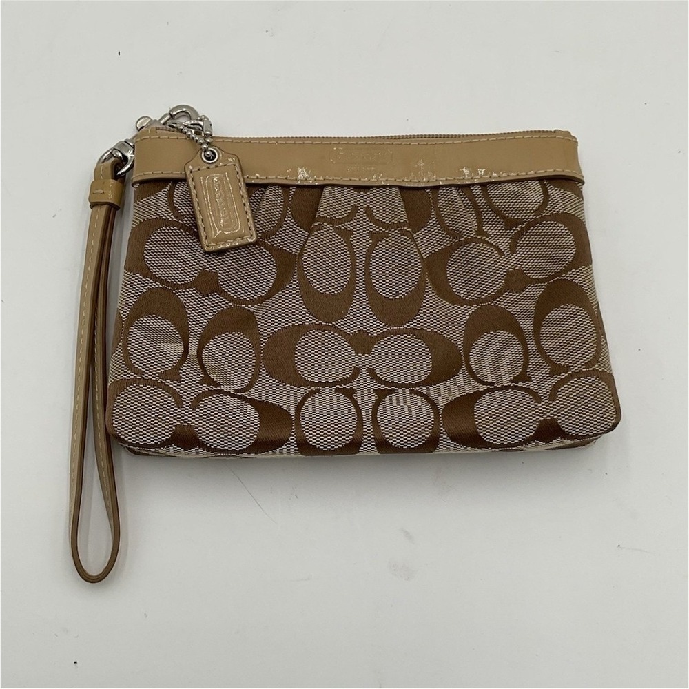 Coach Signature Wristlet Clutch Purse Khaki Brown Canvas & Tan Patent Leather